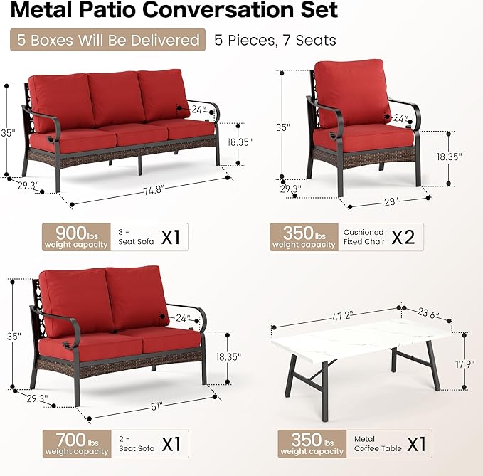 5 Piece Metal Outdoor Patio Furniture Set, Patio Conversation Sets with 3-Seater Sofa, Loveseat, 2 Fixed Sofa (5.75" Thick Cushion) & Coffee Table Black Backyard Furniture, Rust Red