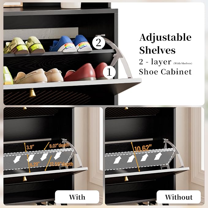 Fsbecl Shoe Cabinet for Entryway with 3 Flip Drawers & Coat Rack, Narrow Hidden Shoe Storage Cabinet with Fluted Panel, 2-in-1 Hall Tree Slim Freestanding Shoe Rack Organizer for Hallway, Black - Image 5