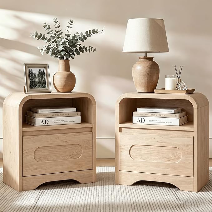 Wood Nightstand Set of 2, Modern Night Stand with Drawers, Oak Nightstand, 22" Bedside Side Table with Open Storage, Curved Corners, Hidden Handle, Night Stands End Table for Bedroom Sofa Couch by SOLACEFURNITURE