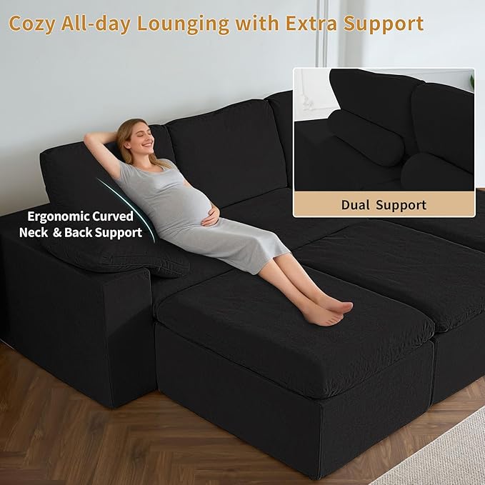 108” Modern Boneless Cloud Couch, Modular L Shaped Sectional Sofa with Convertible Ottoman for Living Room, High-Resilience Memory Foam Couch with Deep Seats, Chenille Soft Cushions, No Assembly