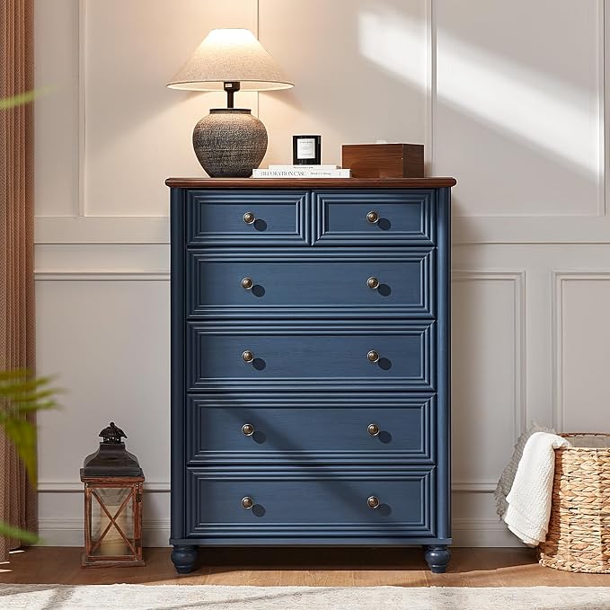 RWYHG Farmhouse 6 Drawer Dresser, Blue Chest of Drawers, 43.5" Tall Dressers for Bedroom with Roman Column and Metal Handles, Rustic Wood Storage Organizer for Living Room, Hallway, Closet - Image 9
