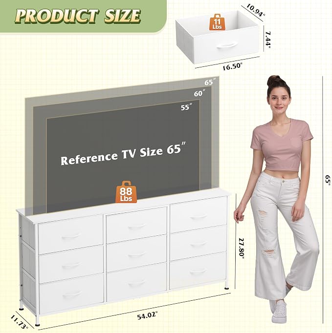 WLIVE 54''W Dresser for Bedroom, White Dresser TV Stand for 55, 60, 65 inch TV, Wide Chest of Drawers with 9 Drawer, Large Entertainment Center, Fabric Dressers with Wood Top for Closet, Living Room - Image 3