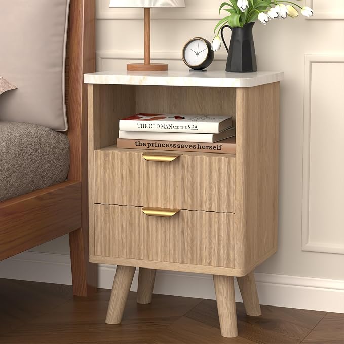 Fluted Nightstand Set of 2, Mid Century Modern Wood Bedside Table with 2 Drawers and Faux Marble Top, Natural Oak End Tables for Bedroom or Living Room, 18.9 x 18.9 x 25.2in - Image 5