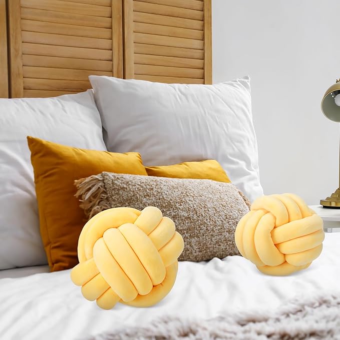 Namalu 2 Pcs Soft Knot Pillow Ball, Decorative Round Throw, Soft Knotted Plush Pillows, Handmade Stuffed Ball Pillows Cushion for Bedroom Sofa Couch Home Decor(7.87 Inches,Light Yellow)