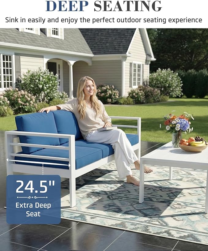 AECOJOY Aluminum Patio Furniture Armchair with Ottoman, Set of 2, Modern Outdoor Furniture with Washable 5 inch Thick Cushion, Blue Cushion