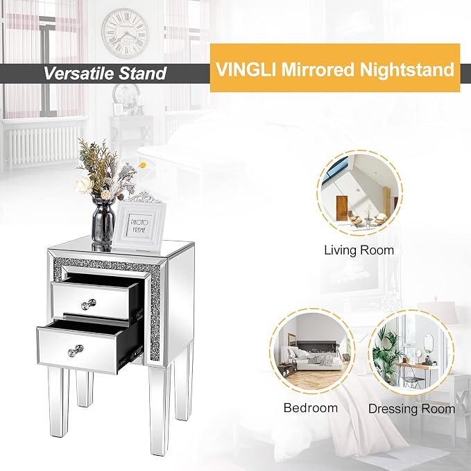VINGLI Mirrored Nightstand Set of 2 Silver Glass Sofa/Couch Side Tables Bedroom End Tables with Storage, 24.8 inch Tall - Image 7