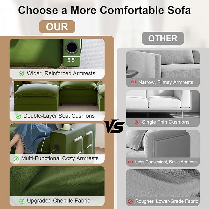 116" Modular Sectional Sofa, U Shaped Cloud Couch with Movable Ottoman, Chenille Deep Seat Cloud Sofa with Charging Station, Cup Holder, Side Pocket, Sectional Couches for Living Room, Green