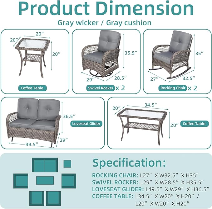 MEETWARM 7 Pieces Outdoor Patio Rattan Furniture Sets, All Weather Patio Wicker Conversation Set- 2 Rocking Chairs, 2 Swivel Chairs, 1 Loveseat Glider w/Cushions, 2 Glass-Top Coffee Table, Gray