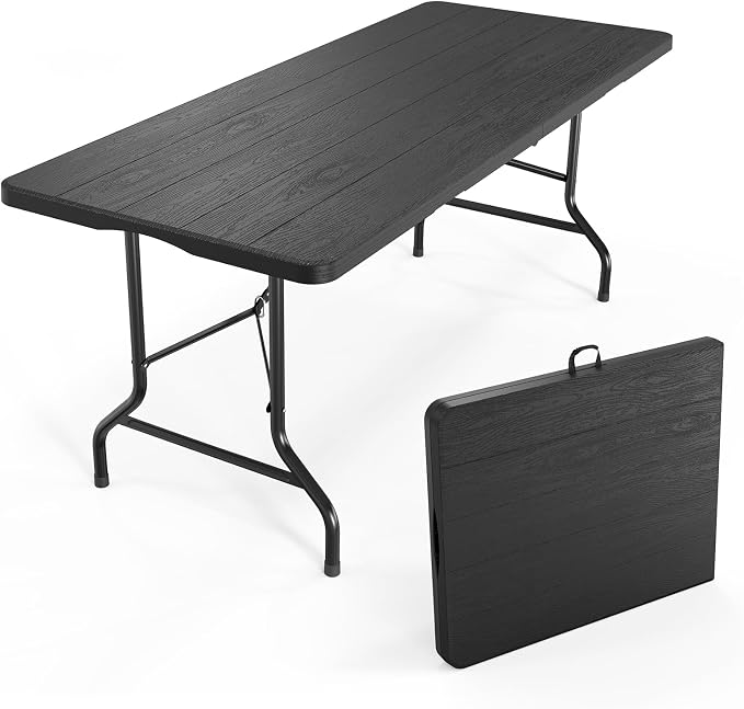 VINGLI 6 Foot Plastic Folding Table Portable Long Table for Indoor Outdoor Use Rectangular with Carrying Handle, Tree Patterned HDPE Tabletop, Black by VINGLI
