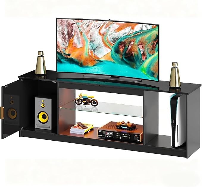 Bestier Fluted TV Stand for 65 Inch TV, Gaming LED Entertainment Center with Cabinet for PS5 Xbox, High Gloss TV Console for Living Room, Adjustable Glass Shelves, 57 Inch Bright Black - Image 8
