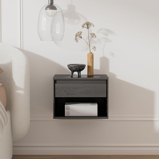 Mid Century Modern Floating Nightstand Set of 2, Wall Mounted End Table with Drawer and Open Compartment Wooden Bedside Night Stand Small Storage Cabinet for Bedroom, Black - Image 5