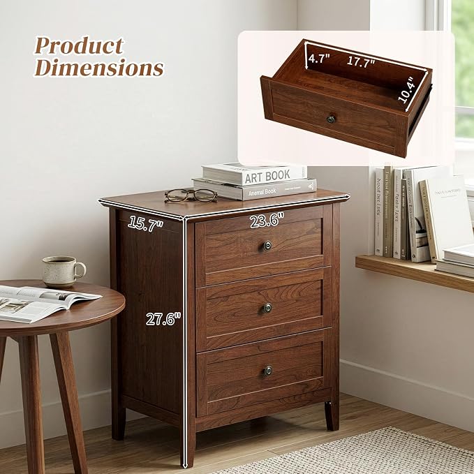 Karl home Farmhouse Nightstand with Charging Station, Wide End Table with 3 Large Drawers & Mental Handles, Wood Small Side Table of Drawers for Bedroom, Closet, Brown - Image 5