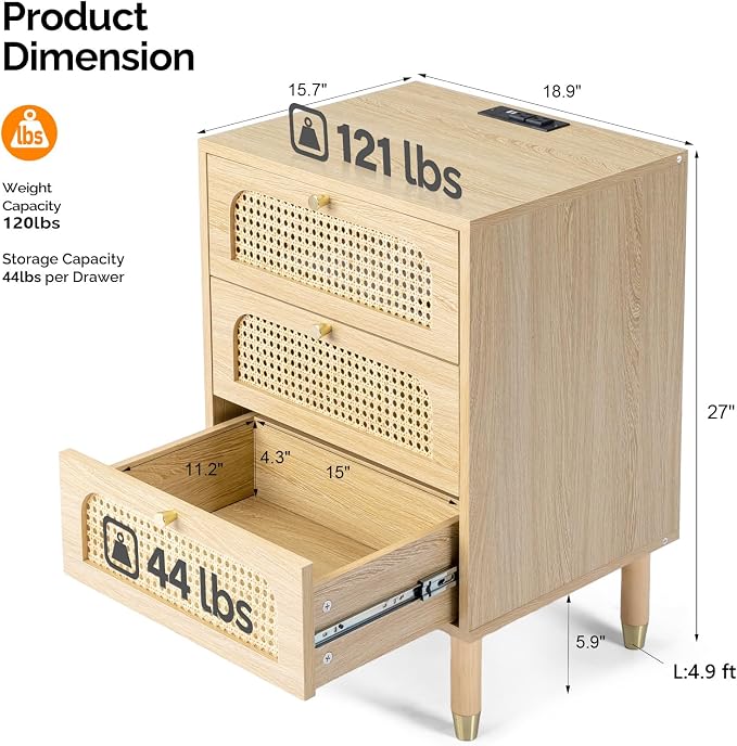 VINGLI Rattan Nightstands Set of 2 with Charging Station, 19" W x 27" H 3 Drawer Boho Nightstand/End Table, Rattan Bed Side Table for Bedroom, Oak - Image 3