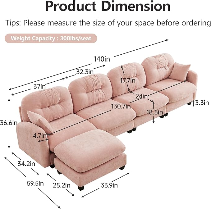 KEIKI 140" L-Shaped Oversized Chenille Modular Sectional Sofa with 1 Ottoman, High-Density Foam Cushions, Tufted Pleated Cushion Backrest, Modern 4-Seater Couch with 2 Pillow, for Living Room, Pink