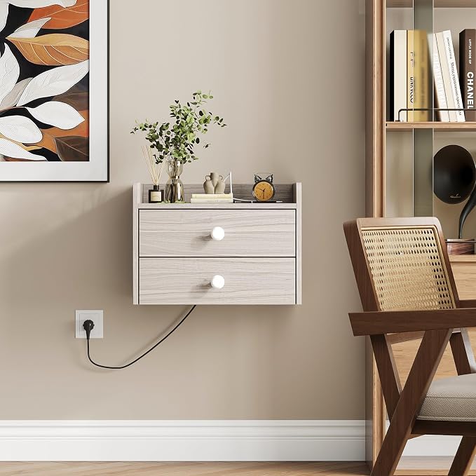 Floating Nightstand Set of 2 with 2 Storage Drawers and Charging Station Wood Wall Mounted Bedside End Table Modern Night Stands Set 2 for Bedroom,Small Space,Grey - Image 6