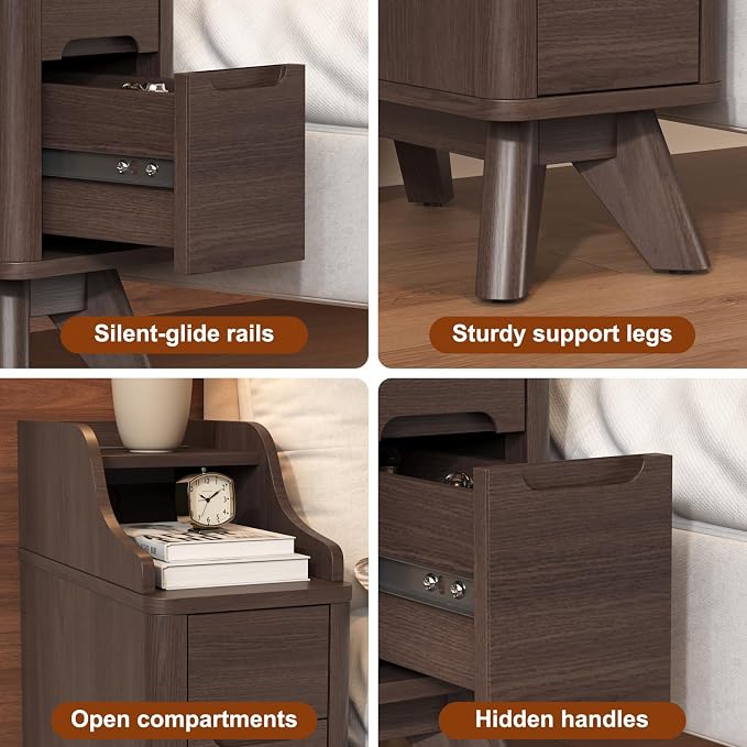 Narrow Side Table, Wooden Small 2 Drawer Nightstand with Charger Station, Thin Couch Side End Table, Brown Skinny Bedside Table Small Spaces, Mid Century Modern Night Stand with Drawers - Image 5
