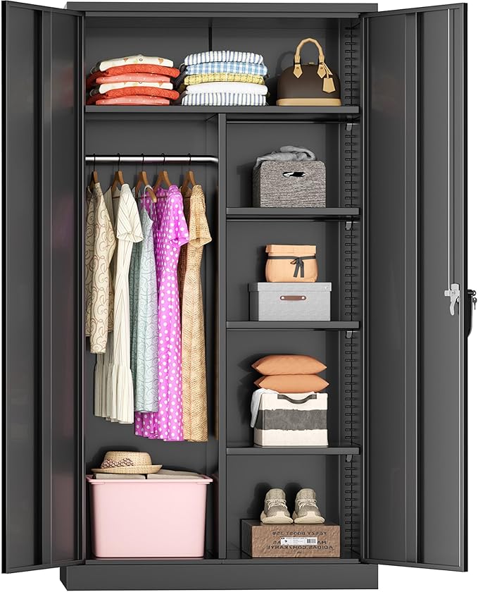 Greenvelly Metal Wardrobe Cabinet with Locking Doors, 72"H Black Metal Wardrobe Closet with Hanging Rods and Adjustable Shelves, Clothing Storage Closet for Home, Office, Employee, Gym (18" D x 36” W)