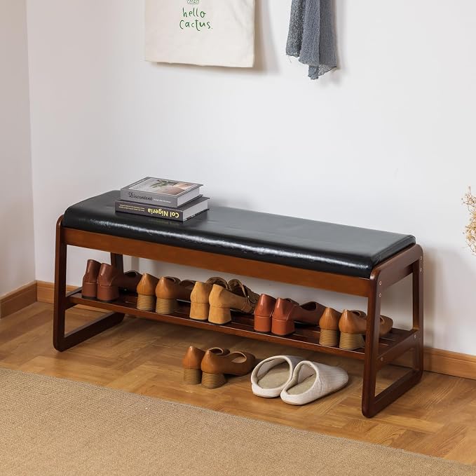 Solid Wood Shoe Bench, 2-Tier Entryway Bench with Cushion and Flip-Open Storage Box, Mid-Century Modern Shoe Bench Rack for Hallway, Mudroom(Black, 39.4'') - Image 3