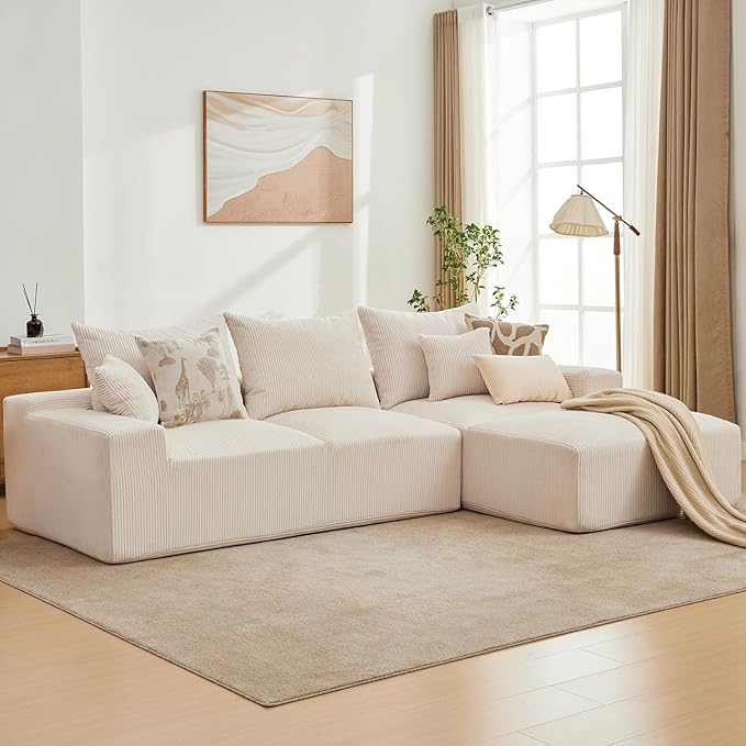 GarveeHome 110 in Oversized L-Shaped Sofa, Cloud Sectional Couch with Right Chaise & Throw Pillows, Soft Corduroy Boneless Memory Foam Sofa for Living Rooms, Apartments, Dorms, Beige