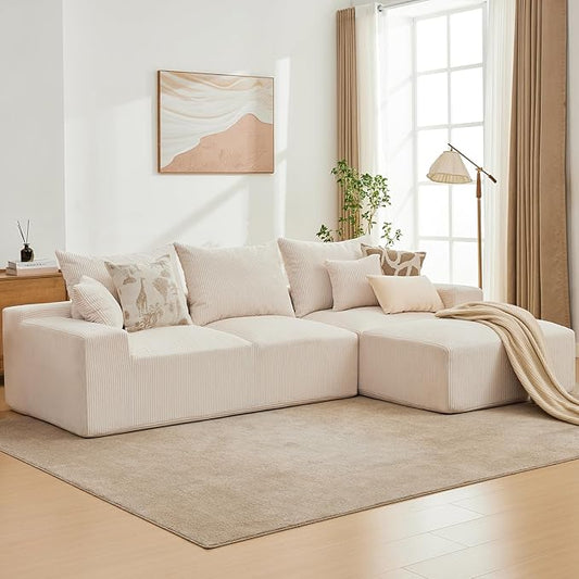 GarveeHome 110 in Oversized L-Shaped Sofa, Cloud Sectional Couch with Right Chaise & Throw Pillows, Soft Corduroy Boneless Memory Foam Sofa for Living Rooms, Apartments, Dorms, Beige