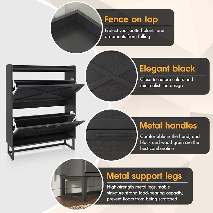 Maupvit Shoe Storage Cabinet with 2 Flip Drawers, Freestanding Organizer with Metal Legs for Entryway, Narrow Shoe Rack Cabinet, Black - Image 4