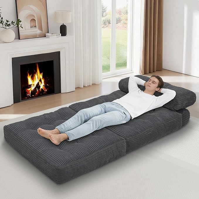 Folding Sofa Bed, Convertible Sleeper Chair with Pillow & Handle, Foldable Mattress Futon Chair Bed Lounge with Back Support, Comfy Floor Sofa for Living Room Bedroom, Grey, Single