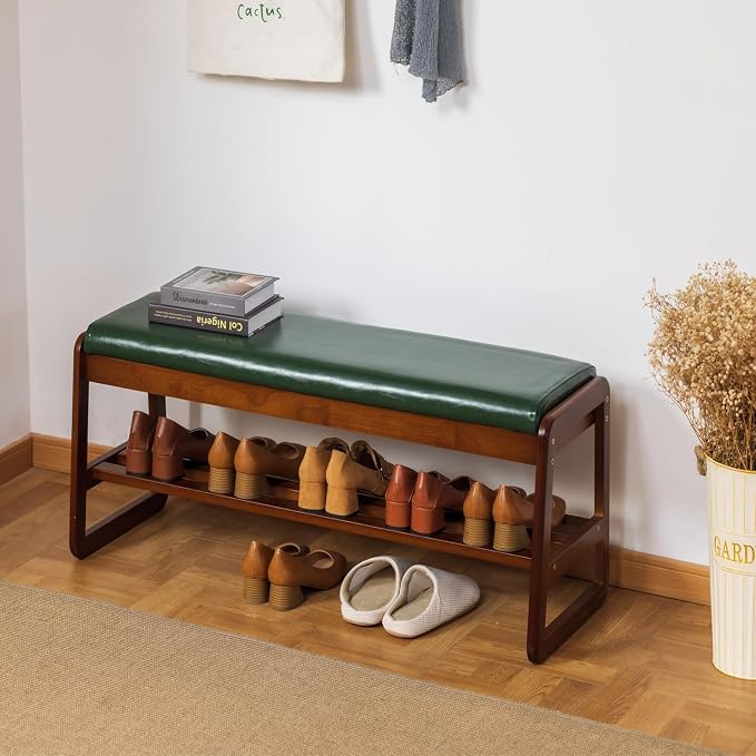 latifolia Solid Wood Bench, Entryway Shoe Bench with Cushion, Flip-Open Storage Compartment, 2-Tier Shoe Organizer(Green,39.70''L) - Image 4