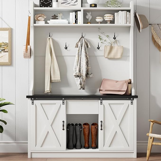 4ever2buy Farmhouse Hall Tree with Bench 5-in-1 Entryway Bench with Coat Rack with Sliding Barn Doors Entryway Coat Rack with Shoe Storage White - Image 8