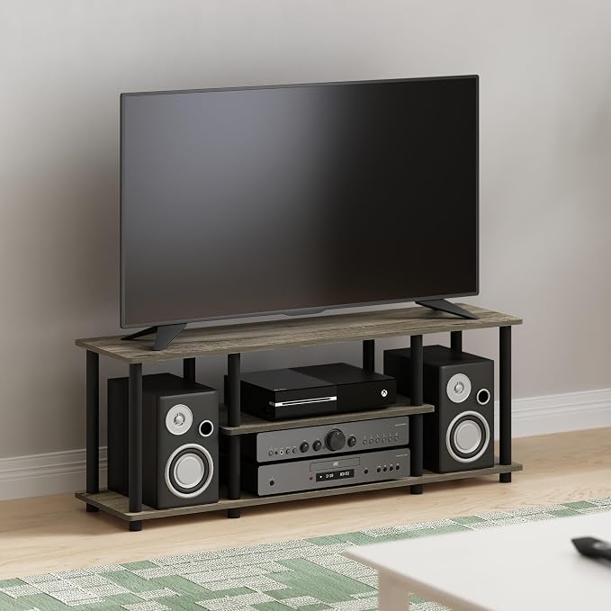 Furinno Turn-N-Tube No Tools 3D 3-Tier Entertainment TV Stand up to 50 inch TV, Round Tubes, French Oak Grey/Black - Image 2