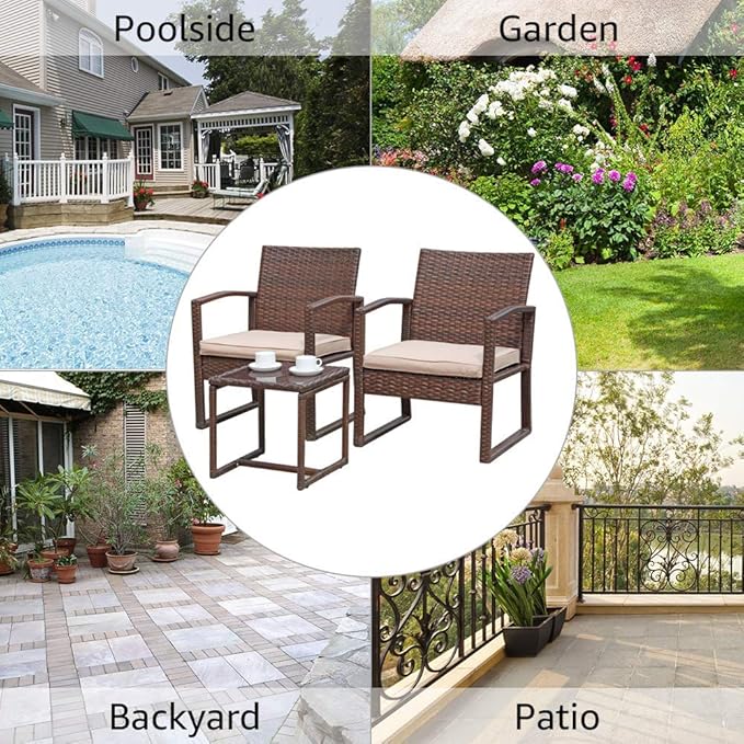 Patiorama 3 Pieces Outdoor Patio Furniture Set, Outdoor Wicker Conversation Set, Patio Rattan Chair Set, Modern Bistro Set with Coffee Table, Garden Balcony Backyard Poolside (Brown)