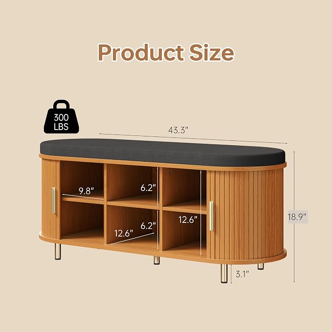 DHH 2-Tier Storage Bench,Wide Shoe Bench with Thickened Padded Seat Cushion, Mid Century Modern Fluted Sliding Door and Adjustable Shelf, for Entryway, Living Room, Bedroom (Yellow Walnut, 43.3“) - Image 2