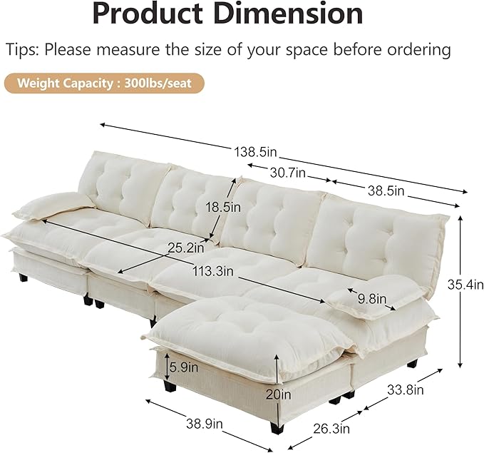 Oversized Modular Sectional Sofa with Reversible Ottoman, 138" Wide L-Shaped Chenille Cloud Couch for Living Room, Deep Seat Furniture Set with Detachable Pillow Armrest and Thickness Cushions | Free Combination, Tufted