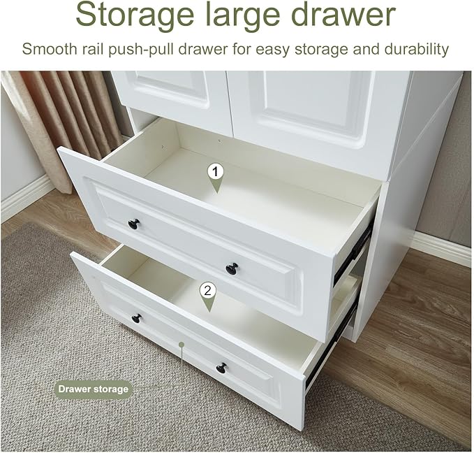 GraceGrove Armoire Wardrobe Closet with 2 Doors and 2 Drawers Tall Cabinet Closet for Large Capacity White Closet Wardrobe Cabinet with Hanging Rail for Bedroom