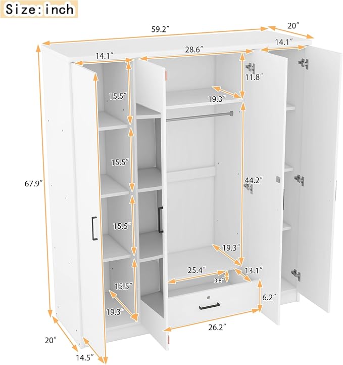 Merax 4 Doors Closet Wardrobe with Mirror Door and Hanging Rail, Wood Closet Organizers and Storage with One Drawer and Two 4-Tier Storage Shelves, Top Cabinet for Bedroom, Laundry Room, White