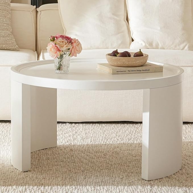 Round Nesting Coffee Table Set of 2, White Coffee Table, 31.5" Large & 18" Small Low Tables with Wood Top, Center Table for Living Room, Bedroom, Minimalist Center Table Set