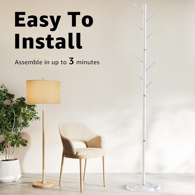 HzTinT Coat Rack with Natural Marble Base, Metal Freestanding Coat Rack with 8 Hooks, 3 Adjustable Size Sturdy Coat Tree for Bags, Coats, and Hats for Entryway, Hallway, Bedroom, Office, White - Image 7