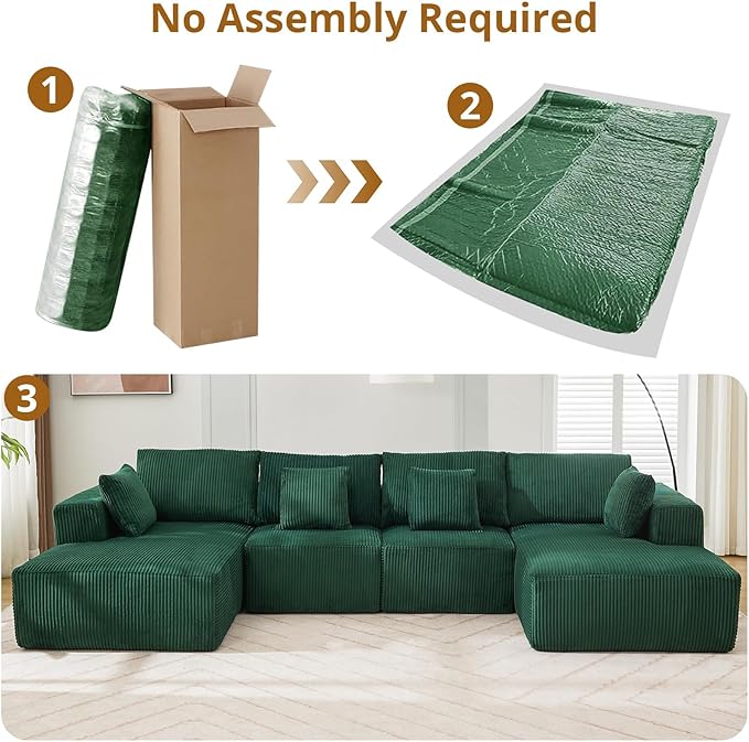 Cloud Boneless Couch 137" Modern Sectional U-Shaped Comfy No Assembly Required Convertible Compression Sleeper Modular Sofa with Corduroy Fabric Deep Seat Single + Chaise for Living Room
