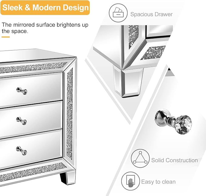 VINGLI Mirrored Nightstand Glass End Table, 23" W Silver Night Stand for Bedroom, Mirrored Bedside Table with Storage, Glass Mirror Nightstand - Image 4