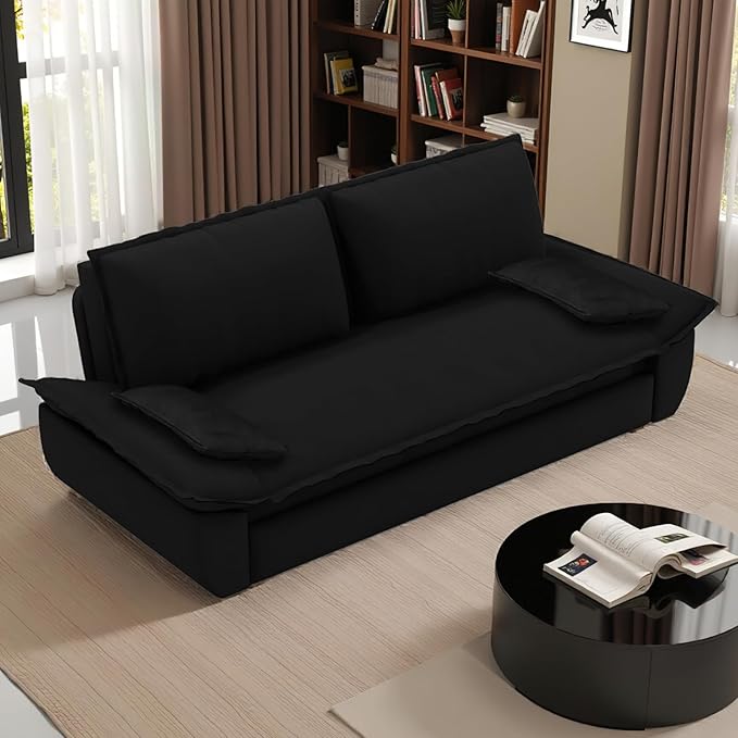 3 in 1 Convertible Sleeper Couch, Queen Full Size Loveseat Pull Out Sofa Bed, Futon Velvet Lounge Sofa with Pillows for Living Room, Bedroom, Apartment, Office, Black
