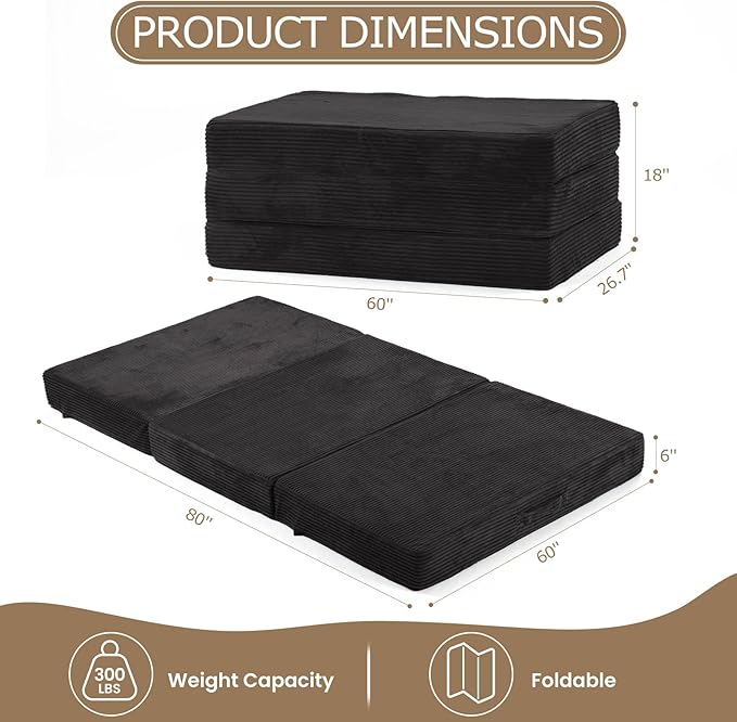 6-Inch Tri-Folding Mattress Queen Size - Foldable Futon Sofa Bed with Removable Washable Cover, Folding Futon Mattress | Non-Slip Bottom & Carry Handles for Guest, Camping, Dorm