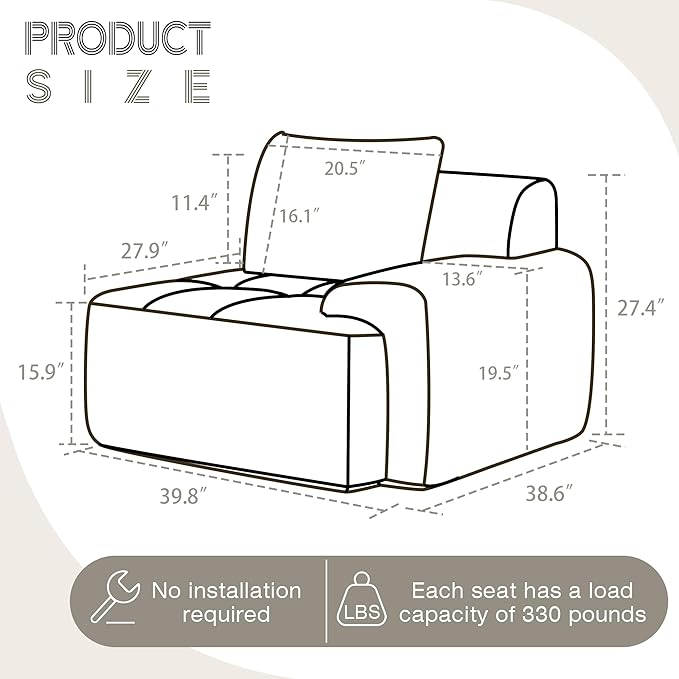 Modular Sectional Sofa, Boneless Couches for Living Room, Corduroy Couch, Big Comfy Couch, Modular Cloud Sofa with Deep Seat (Black, 1 Piece-Right Armchair)