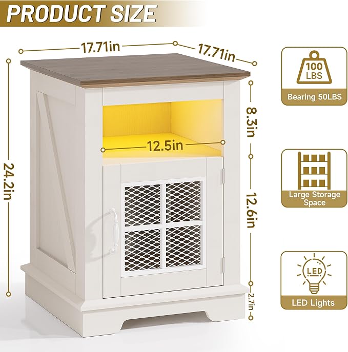 DINGIPP Nightstand Set of 2 with RGB Lights, Farmhouse Night Stand Set 2, with Magnetic Metal Mesh Barn Door, Rustic Wood Bedside End Table with Open Shelf for Bedroom, White (2 Pieces) - Image 3