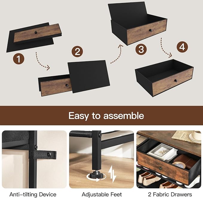 usikey Shoe Rack, 4 Tier Shoe Storage Organizer with 2 Drawers, Metal Shoe Shelf for 12-15 Pairs of Shoes, with 3 Oxford Fabric Shelves and Wooden Top, Shoe Stand for Entryway, Rustic Brown UNYXJX008F - Image 6