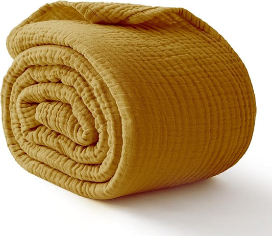 100% Cotton Muslin Blanket Twin 66" x 90", 6 Layers Breathable and Lightweight Cotton Blankets for Couch, Soft Cooling Summer Gauze Blanket for Adults All Season, Mustard