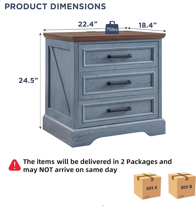 ACCOHOHO Farmhouse Nightstands Set of 2, 22 Inch Wide End Table with Charging Station & 3 Large Drawers, Rustic Wood Small Dresser Chest of Drawers for Bedroom, Living Room, Blue - Image 3