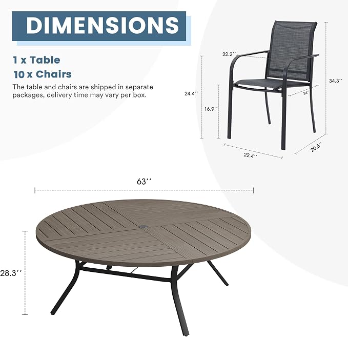DIFY 11 Pieces Outdoor Patio Dining Set for 10, 63" Grey Wood-Like Round Metal Patio Table and 10 Grey Stackable Textilene Patio Chairs, Outdoor Table and Chairs for Backyard Garden Poolside - Image 8