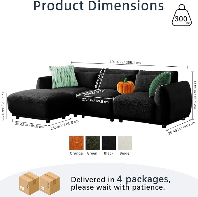 Sectional Sofa Couch, Modern U Shaped Sectional Couch with Ottoman, Modular Sectional Sofa Cloud Couches for Living Room (Black, 3 Set + 1 Ottoman)