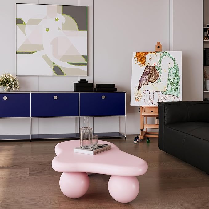 40” Cloud Coffee Table with 3 Ball Legs, Modern Irregular Center Table for Living Room, Low Cute Small MDF Tea Table for Bedroom, Space Apartment-Pink
