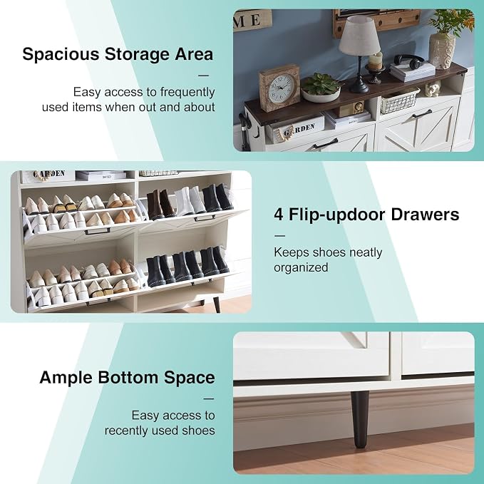 Barnyatoh Shoe Storage Cabinet,Farmhouse Shoe Organizer with 4 Flip Drawers & Barn Door Design,Freestanding Hidden Slim Narrow Shoe Rack with Open Shelves for Entryway,Foyer,Hallway,Antique White - Image 6