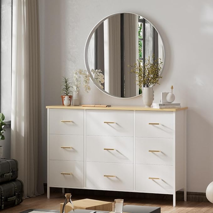 VASICAR Wide TV Stand Modern TV Console, 9 Drawers Dresser for Bedroom, Fabric Storage Cabinet, Chest of Drawers for Closet, Nursery, Living Room（Classic White） - Image 2